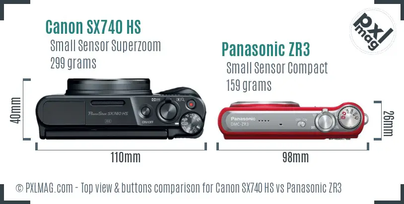 Canon SX740 HS vs Panasonic ZR3 top view buttons comparison