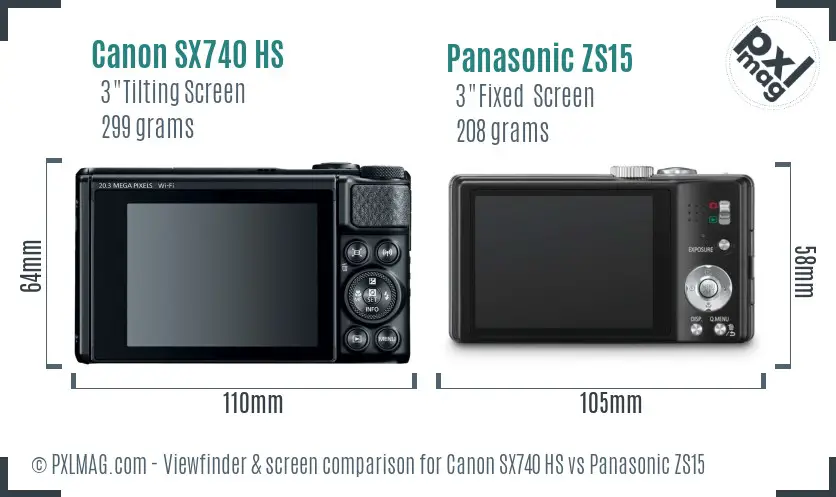 Canon SX740 HS vs Panasonic ZS15 Screen and Viewfinder comparison