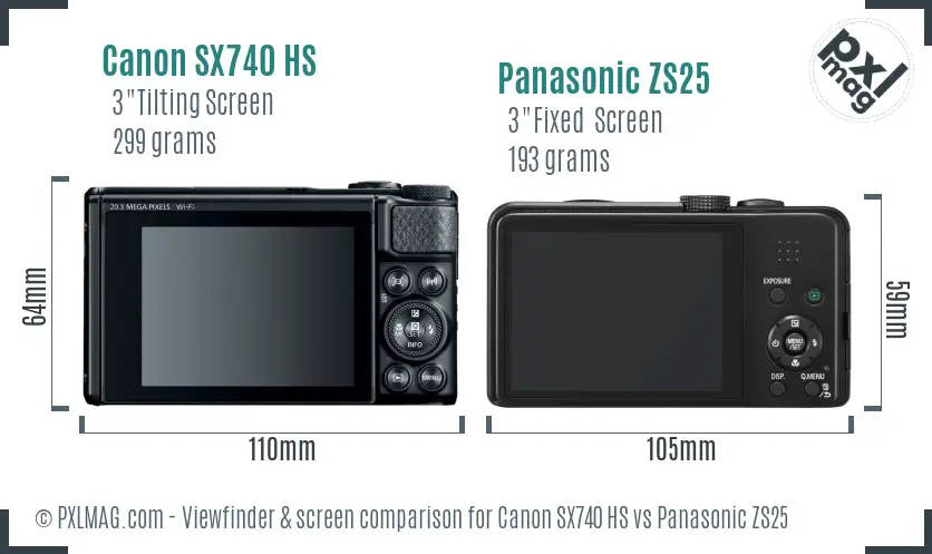 Canon SX740 HS vs Panasonic ZS25 Screen and Viewfinder comparison