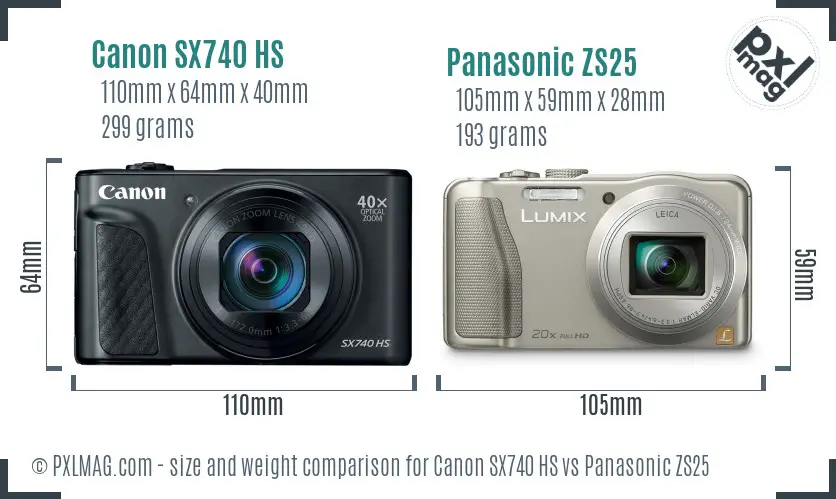 Canon SX740 HS vs Panasonic ZS25 size comparison