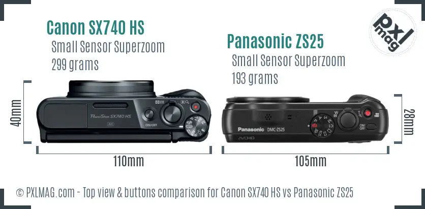 Canon SX740 HS vs Panasonic ZS25 top view buttons comparison