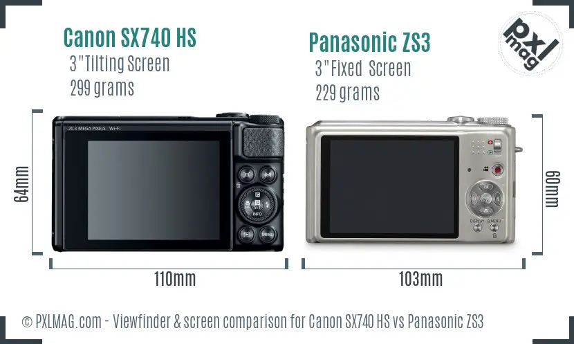 Canon SX740 HS vs Panasonic ZS3 Screen and Viewfinder comparison
