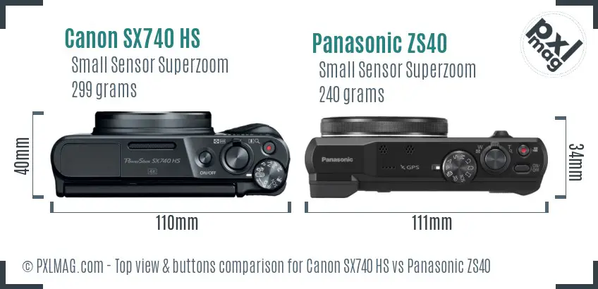 Canon SX740 HS vs Panasonic ZS40 top view buttons comparison