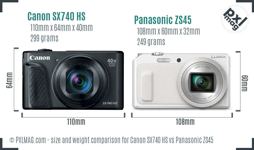 Canon SX740 HS vs Panasonic ZS45 size comparison