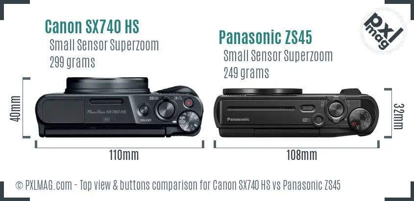 Canon SX740 HS vs Panasonic ZS45 top view buttons comparison