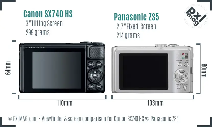 Canon SX740 HS vs Panasonic ZS5 Screen and Viewfinder comparison