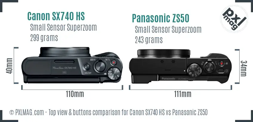 Canon SX740 HS vs Panasonic ZS50 top view buttons comparison