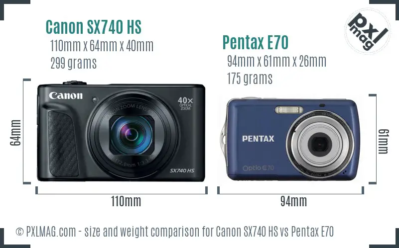 Canon SX740 HS vs Pentax E70 size comparison