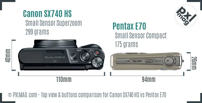 Canon SX740 HS vs Pentax E70 top view buttons comparison