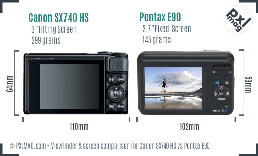 Canon SX740 HS vs Pentax E90 Screen and Viewfinder comparison