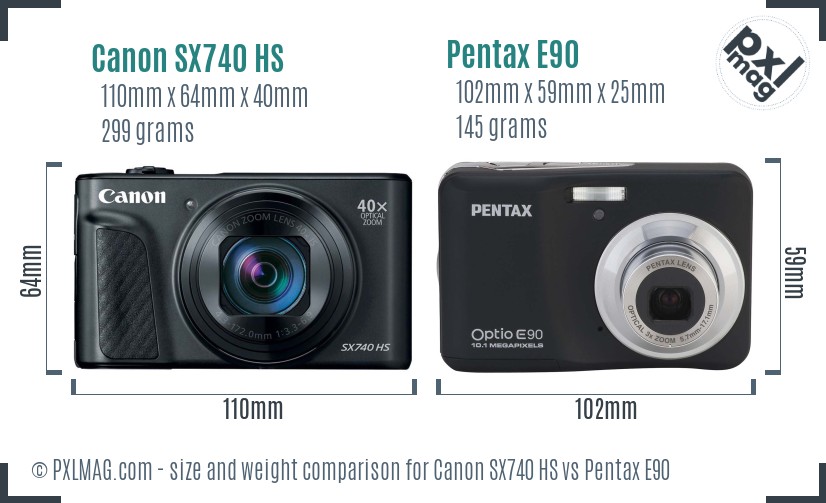 Canon SX740 HS vs Pentax E90 size comparison