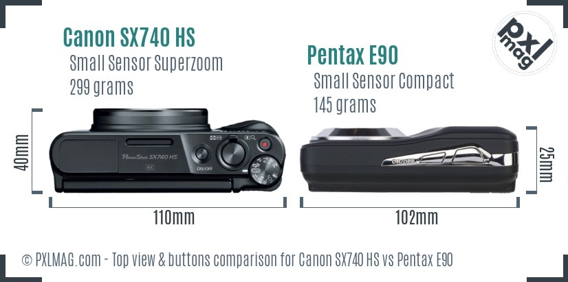 Canon SX740 HS vs Pentax E90 top view buttons comparison