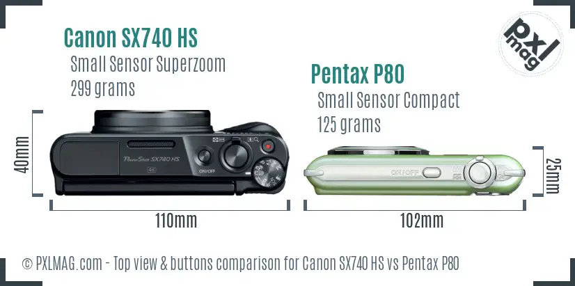 Canon SX740 HS vs Pentax P80 top view buttons comparison Canon SX740 HS vs Pentax P80 top view buttons comparison