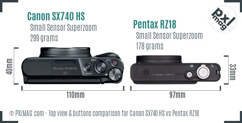 Canon SX740 HS vs Pentax RZ18 top view buttons comparison