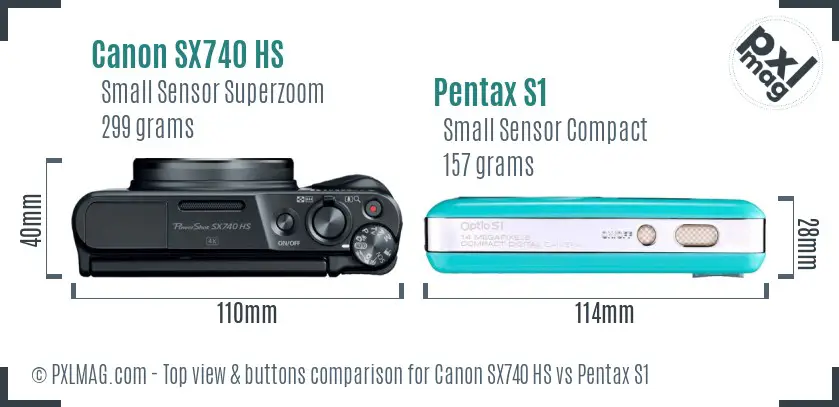 Canon SX740 HS vs Pentax S1 top view buttons comparison