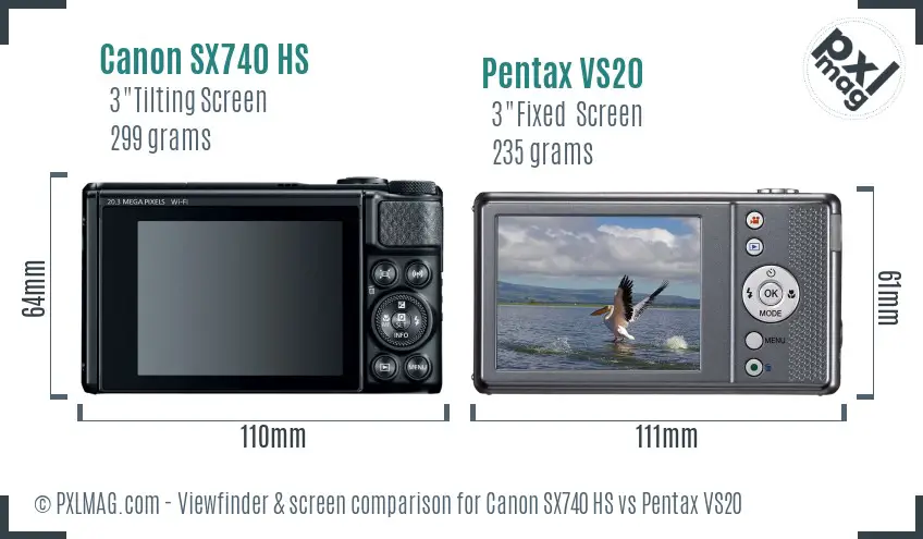 Canon SX740 HS vs Pentax VS20 Screen and Viewfinder comparison
