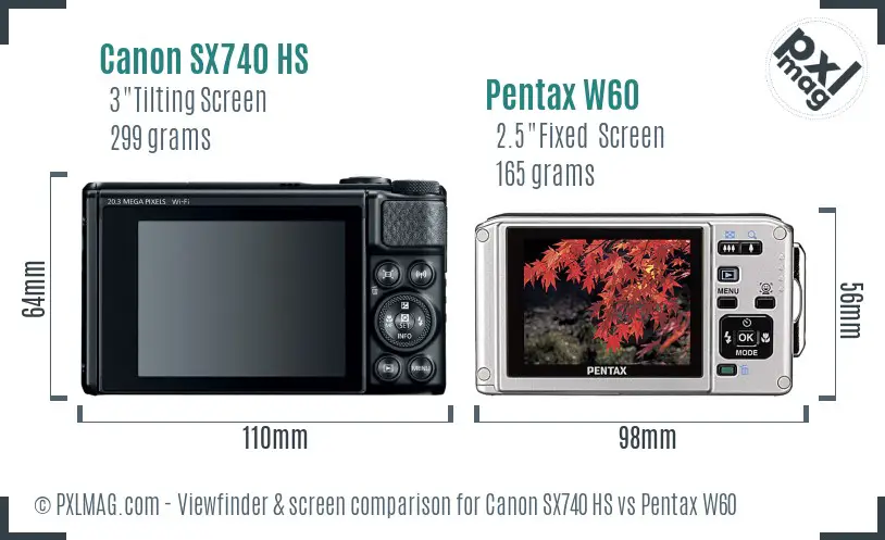 Canon SX740 HS vs Pentax W60 Screen and Viewfinder comparison