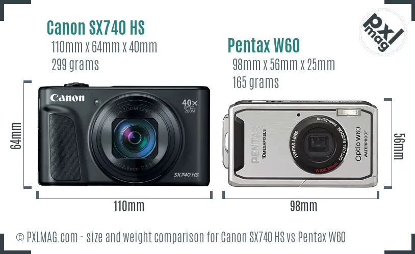 Canon SX740 HS vs Pentax W60 size comparison