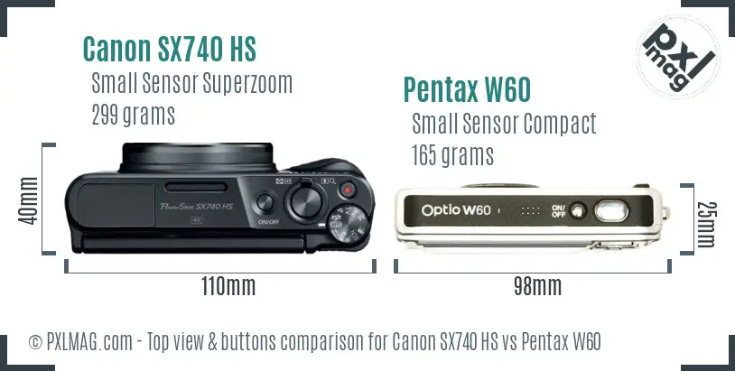 Canon SX740 HS vs Pentax W60 top view buttons comparison