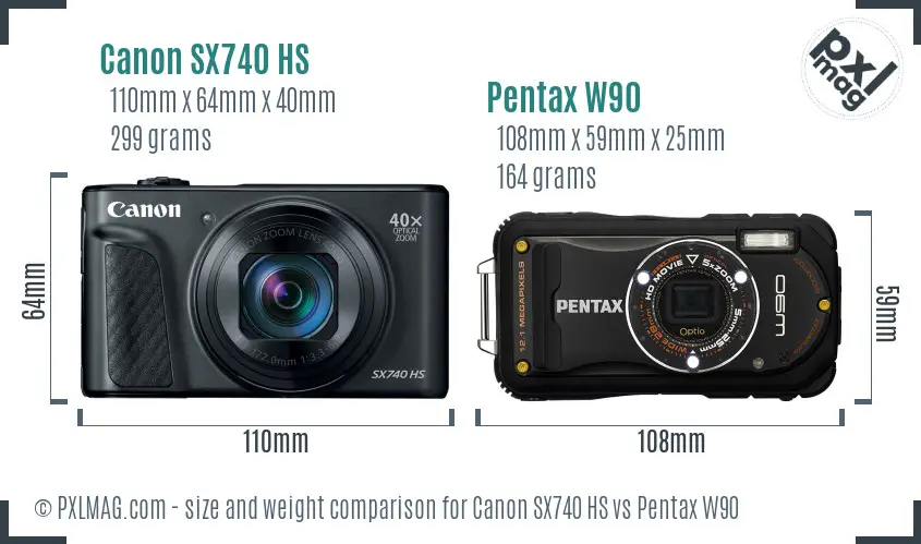 Canon SX740 HS vs Pentax W90 size comparison