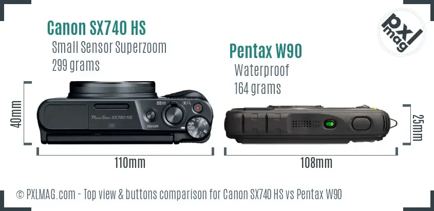 Canon SX740 HS vs Pentax W90 top view buttons comparison