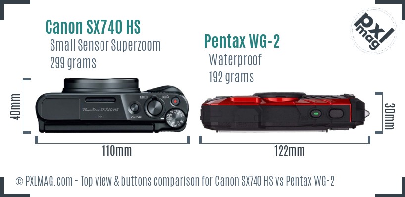 Canon SX740 HS vs Pentax WG-2 top view buttons comparison