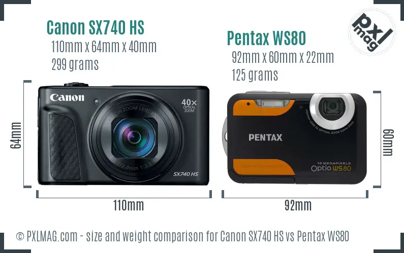 Canon SX740 HS vs Pentax WS80 size comparison