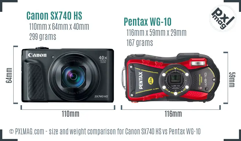 Canon SX740 HS vs Pentax WG-10 size comparison