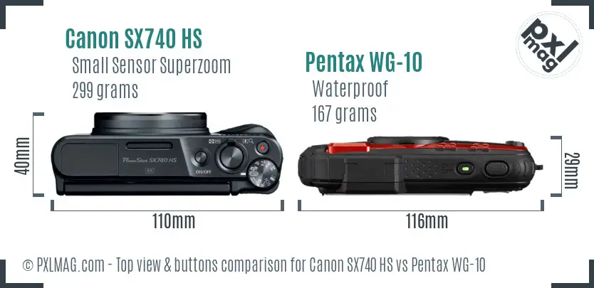 Canon SX740 HS vs Pentax WG-10 top view buttons comparison