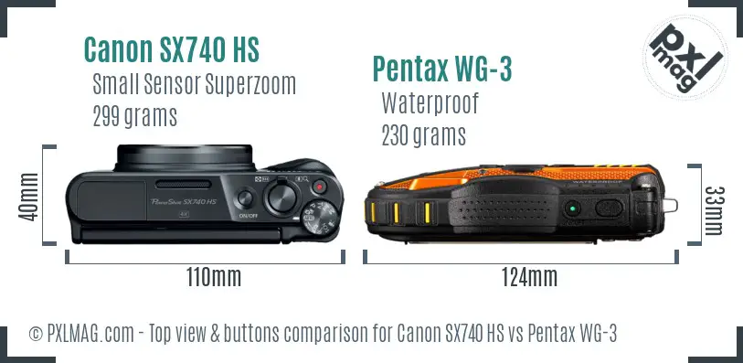 Canon SX740 HS vs Pentax WG-3 top view buttons comparison