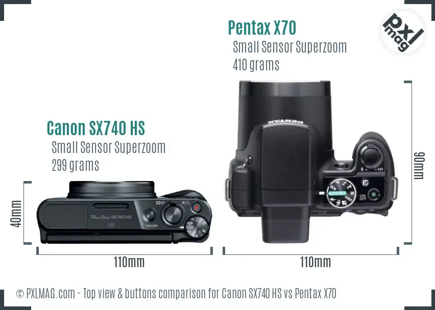 Canon SX740 HS vs Pentax X70 top view buttons comparison