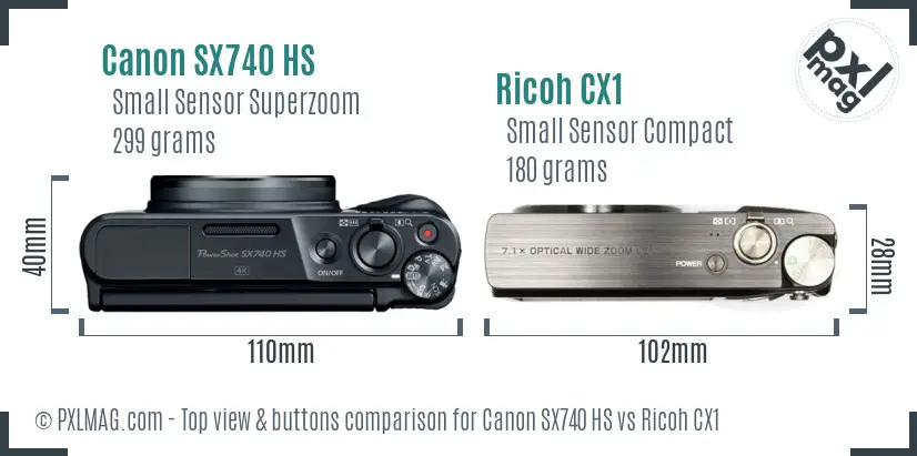 Canon SX740 HS vs Ricoh CX1 top view buttons comparison Canon SX740 HS vs Ricoh CX1 top view buttons comparison