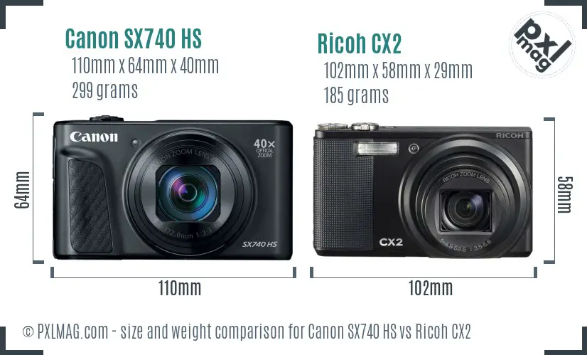 Canon SX740 HS vs Ricoh CX2 size comparison