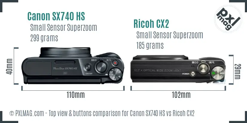 Canon SX740 HS vs Ricoh CX2 top view buttons comparison
