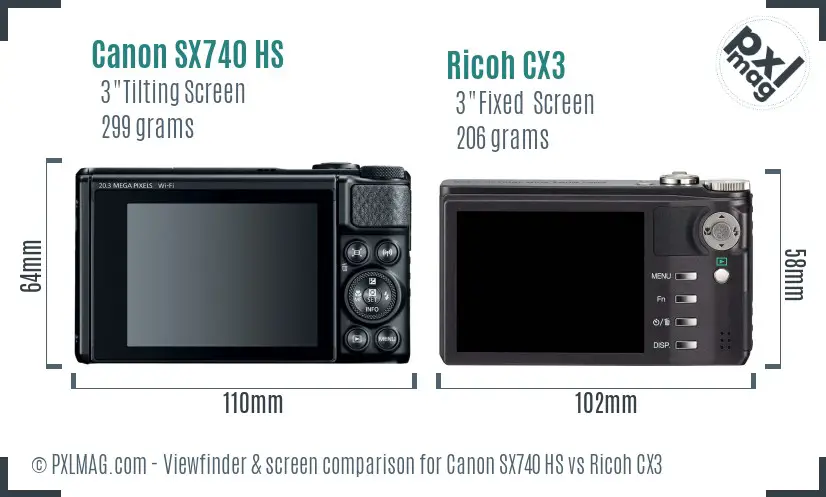 Canon SX740 HS vs Ricoh CX3 Screen and Viewfinder comparison