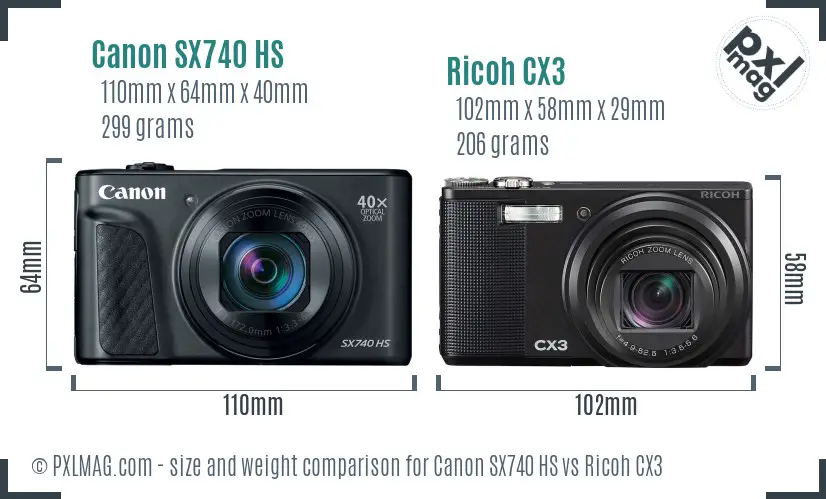 Canon SX740 HS vs Ricoh CX3 size comparison