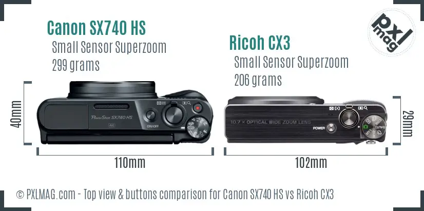 Canon SX740 HS vs Ricoh CX3 top view buttons comparison