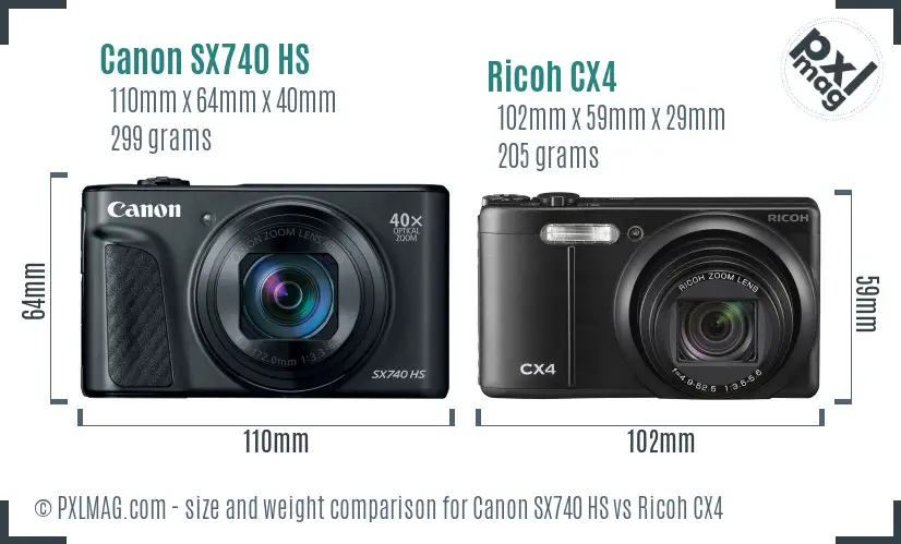 Canon SX740 HS vs Ricoh CX4 size comparison