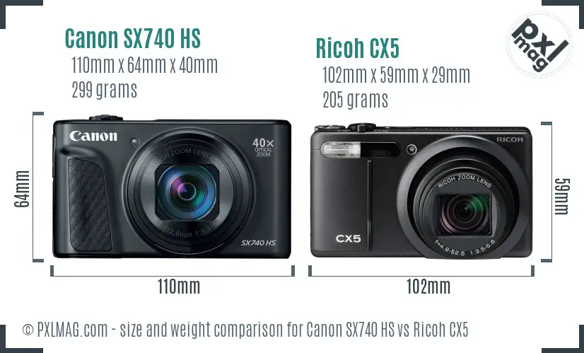 Canon SX740 HS vs Ricoh CX5 size comparison