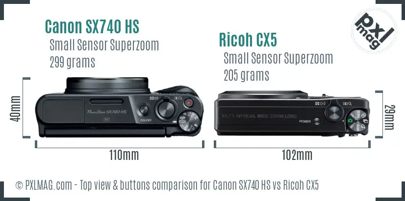 Canon SX740 HS vs Ricoh CX5 top view buttons comparison