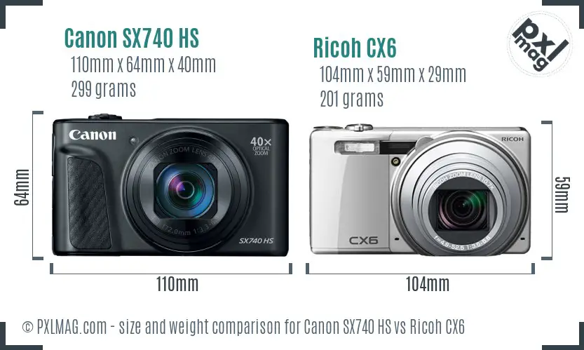 Canon SX740 HS vs Ricoh CX6 size comparison