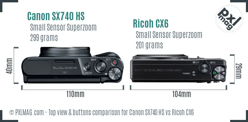 Canon SX740 HS vs Ricoh CX6 top view buttons comparison