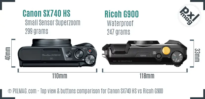 Canon SX740 HS vs Ricoh G900 top view buttons comparison