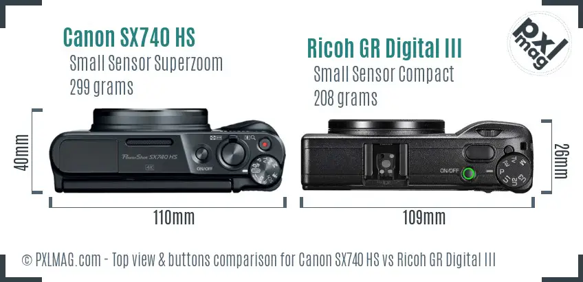 Canon SX740 HS vs Ricoh GR Digital III top view buttons comparison Canon SX740 HS vs Ricoh GR Digital III top view buttons comparison