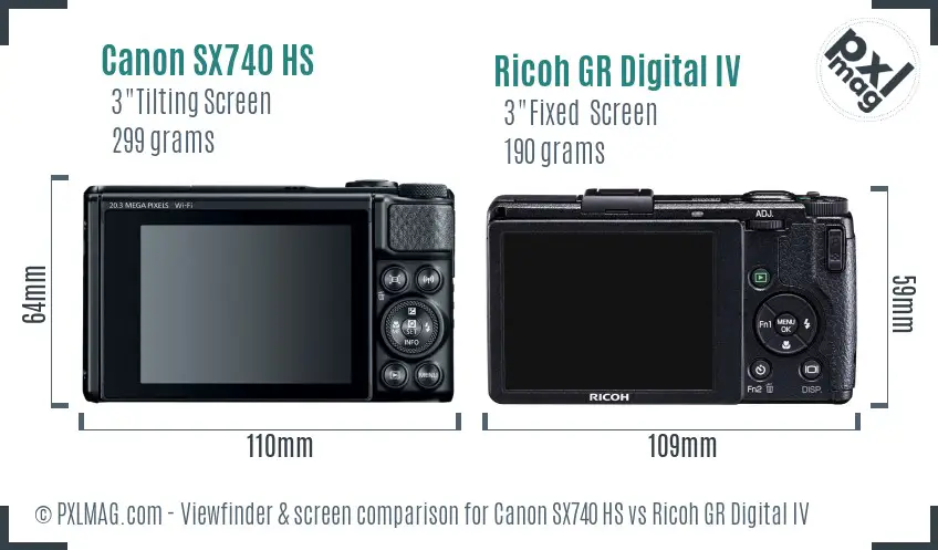 Canon SX740 HS vs Ricoh GR Digital IV Screen and Viewfinder comparison