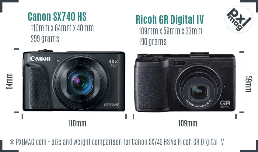 Canon SX740 HS vs Ricoh GR Digital IV size comparison