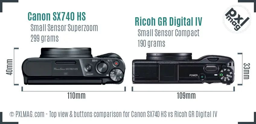 Canon SX740 HS vs Ricoh GR Digital IV top view buttons comparison