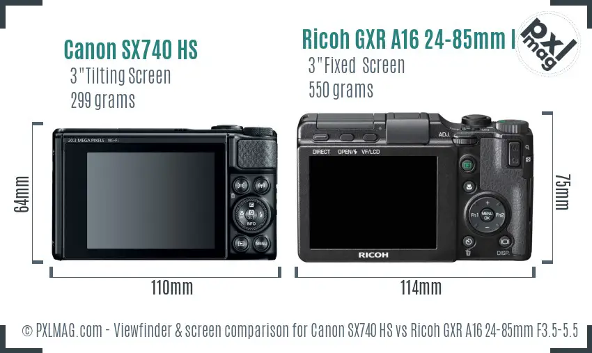 Canon SX740 HS vs Ricoh GXR A16 24-85mm F3.5-5.5 Screen and Viewfinder comparison
