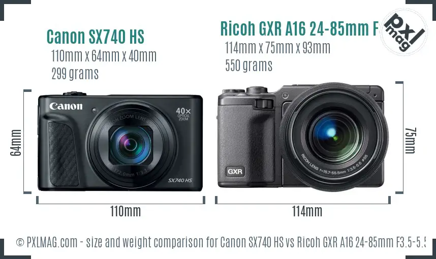 Canon SX740 HS vs Ricoh GXR A16 24-85mm F3.5-5.5 size comparison