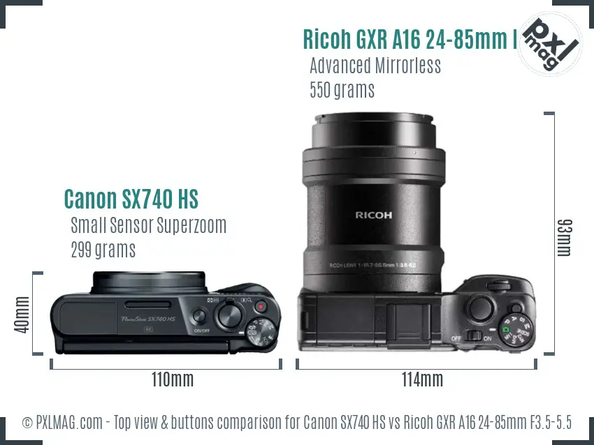 Canon SX740 HS vs Ricoh GXR A16 24-85mm F3.5-5.5 top view buttons comparison